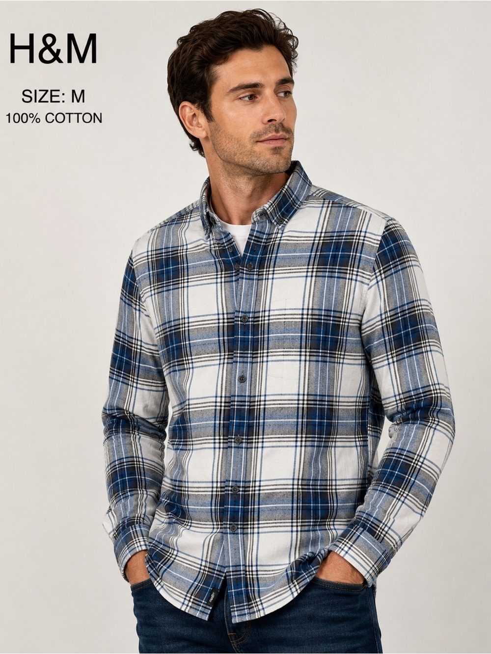 H&M Men’s Blue Gray White Plaid Flannel Button Down Shirt Size M 100% Cotton